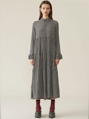 GANNI Printed Crepe Layered Midi Dress in Check Gingham Black White Size 34 US 2